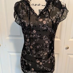 Sheer Black & Pink Floral Ruffle Drawstring Blouse